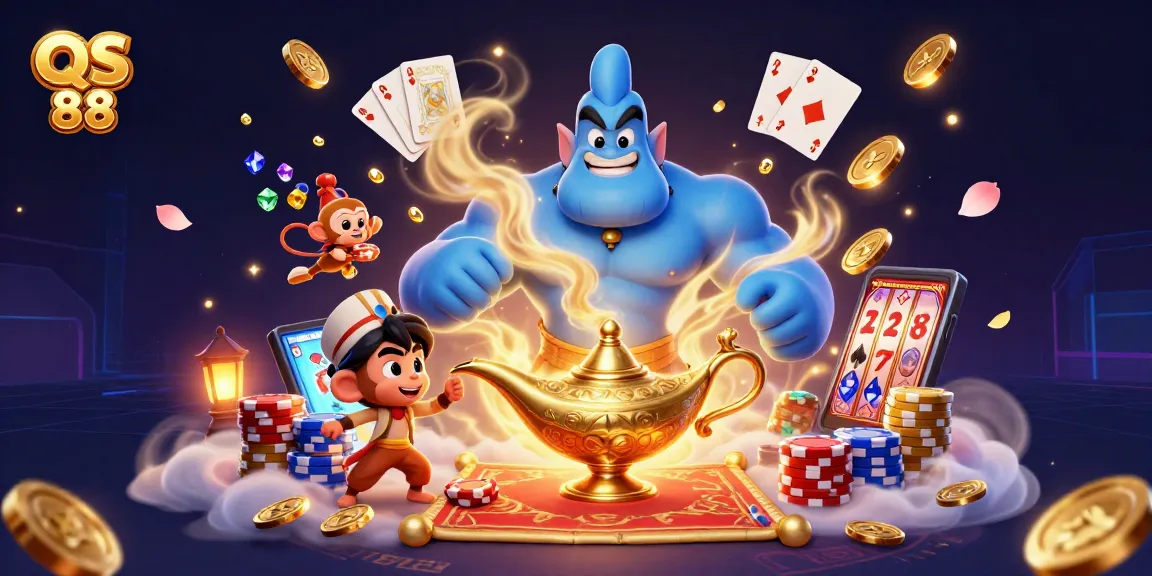 Experience exhilarating gameplay with QS 88's stunning illustration featuring a genie, poker chips, and vibrant casino elements.