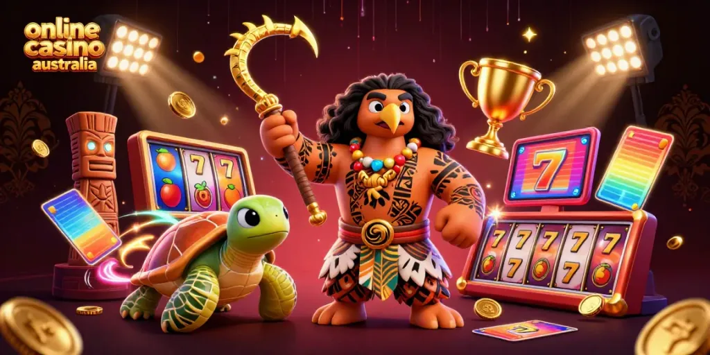 Engage with online casino Australia through an epic casino-themed illustration featuring dynamic characters and vibrant game elements.