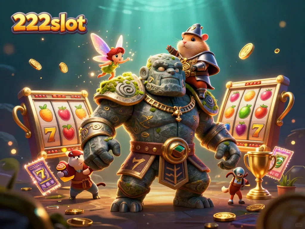 Bermain slot beruntun di 222slot dengan golem kuno dan teman peri yang memberikan magis bersinar.