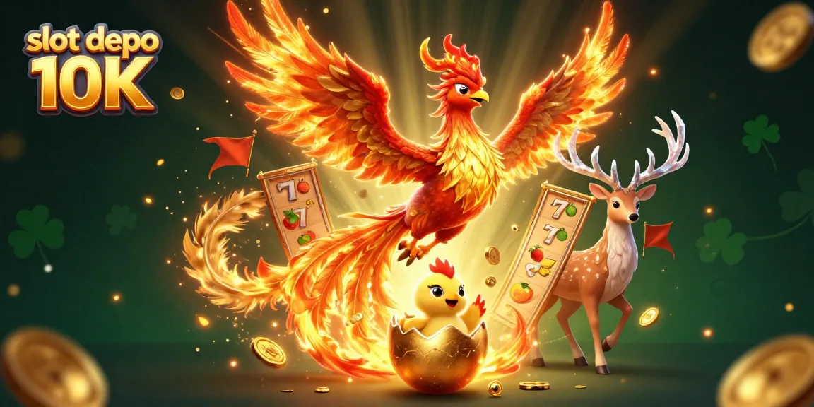 Win big with slot depo 10K in this vibrant casino scene featuring phoenixes and dynamic game elements.