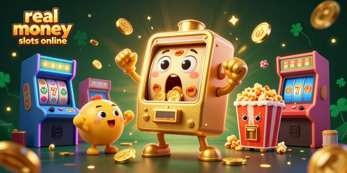 Engage with real money slots online as cartoon slot machines celebrate jackpots surrounded by colorful gaming elements.