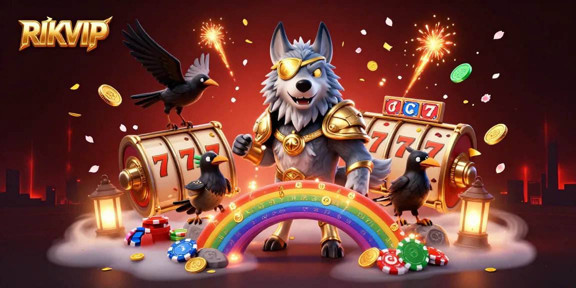 Enhance your winnings at RIKVIP with a dynamic 3D illustration showcasing a Norse wolf, ravens, and casino elements.