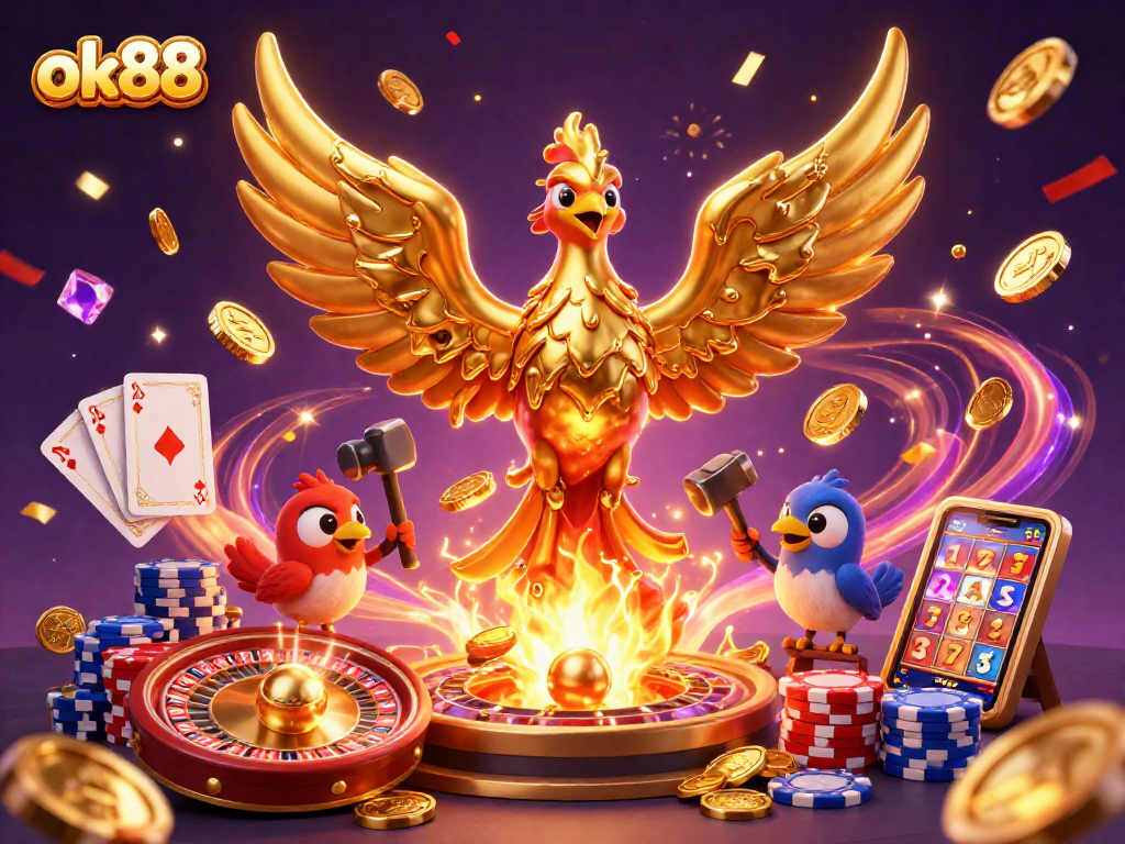 Spin to win at ok88 with vibrant casino elements and golden treasures all around!