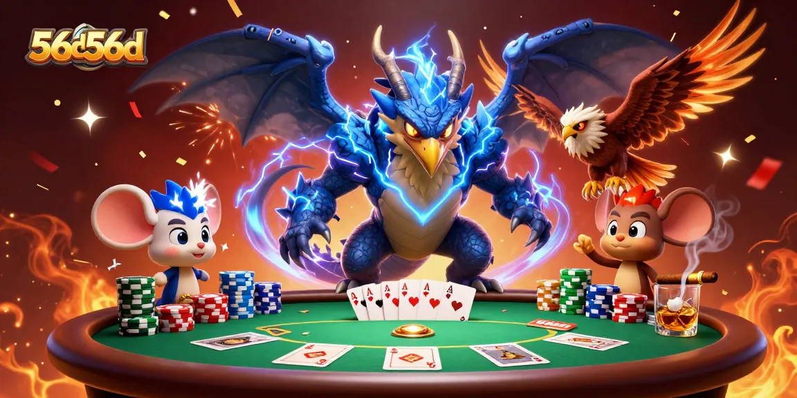 56d56d reveals vibrant poker action with a thunder dragon and cosmic elements.