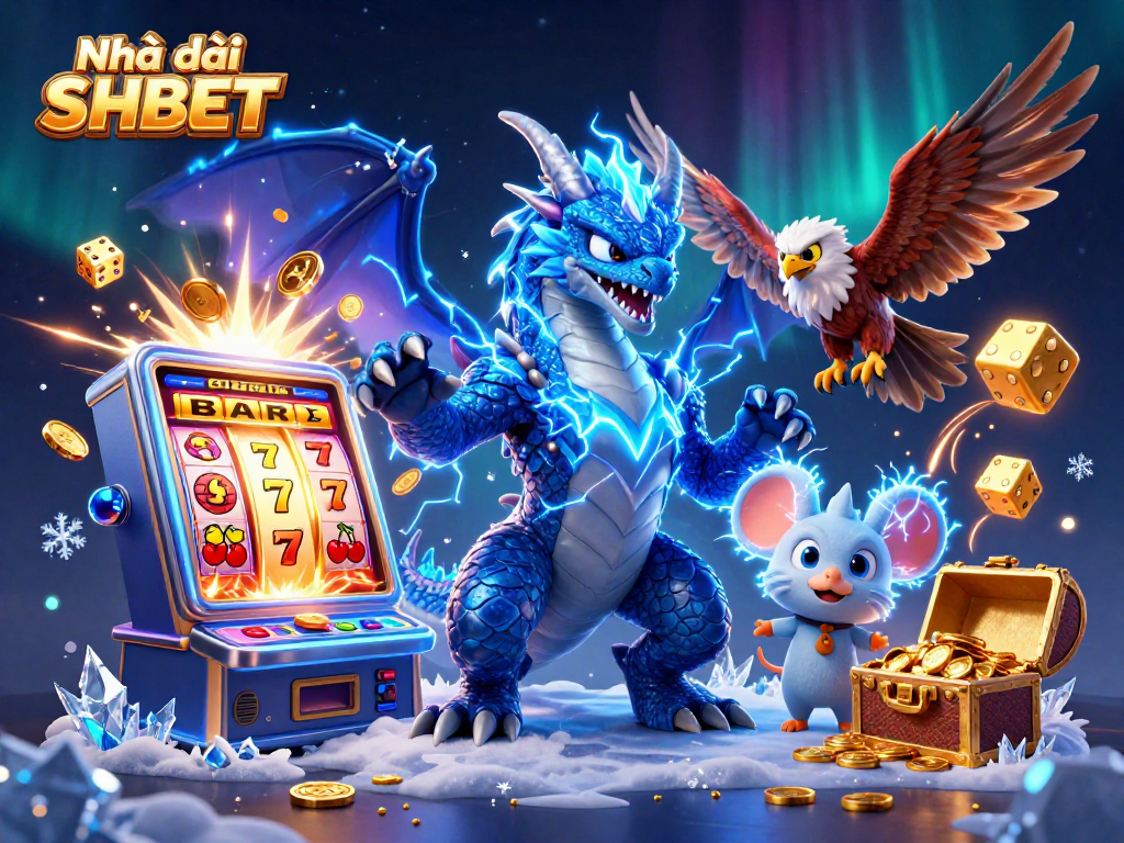 Watch the dynamic scene of Nhà cái SHBET featuring slot machines, thunder dragon, and vibrant casino elements.