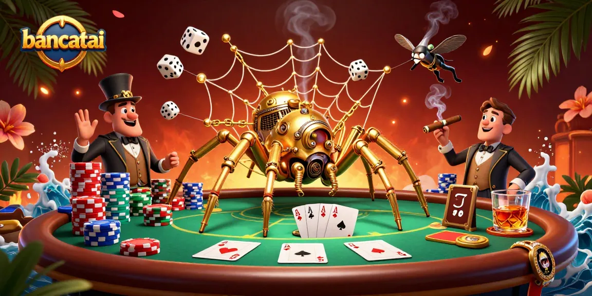 Experience the thrill of bancatai as a steampunk spider ensnares dice during a poker game.