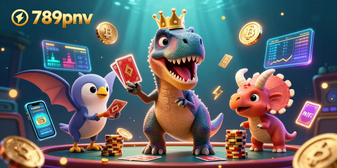 Experience the excitement of 789pnv at this vibrant casino scene with dinosaurs playing cards and stacking chips.