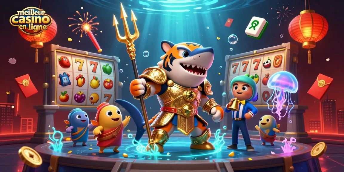 Illustration dynamique du meilleur casino en ligne avec un requin tigre et des éléments de jeu captivants.