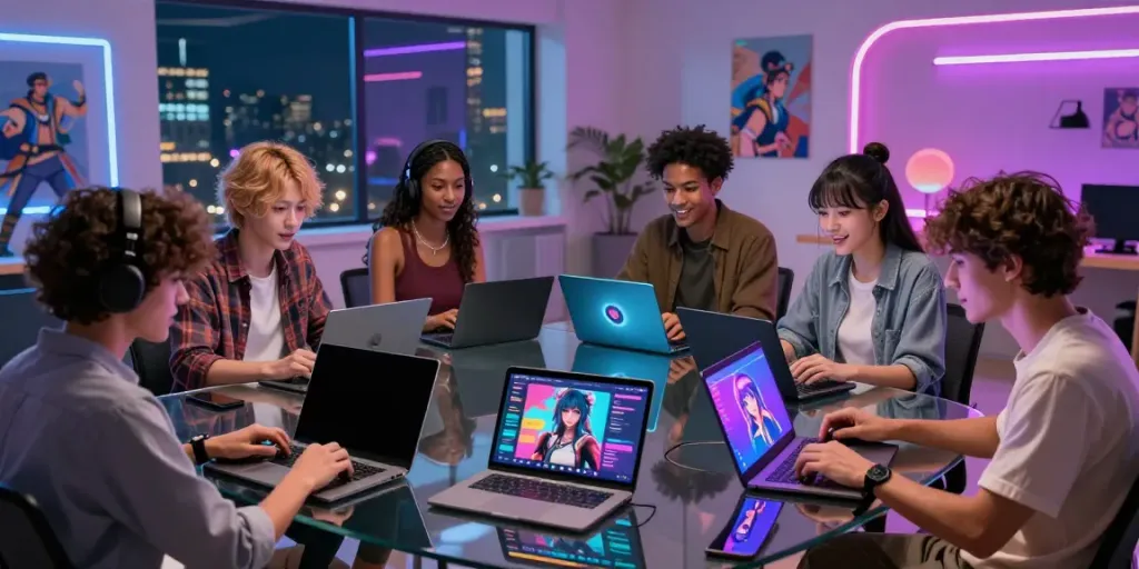Engaging digital chat scene showcasing character interactions on https://companion.crushon.ai/ with diverse individuals in a modern setting.
