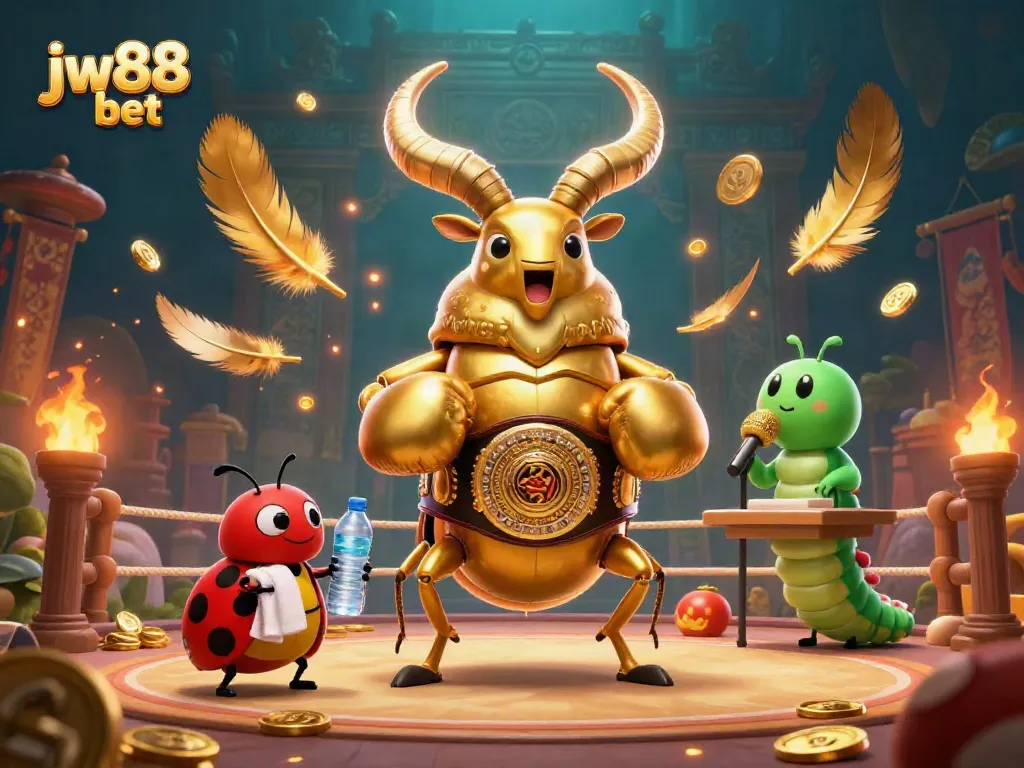 Bettors celebrate at jw88 bet with a giant stag beetle champion, cornered by a ladybug and a caterpillar announcer.