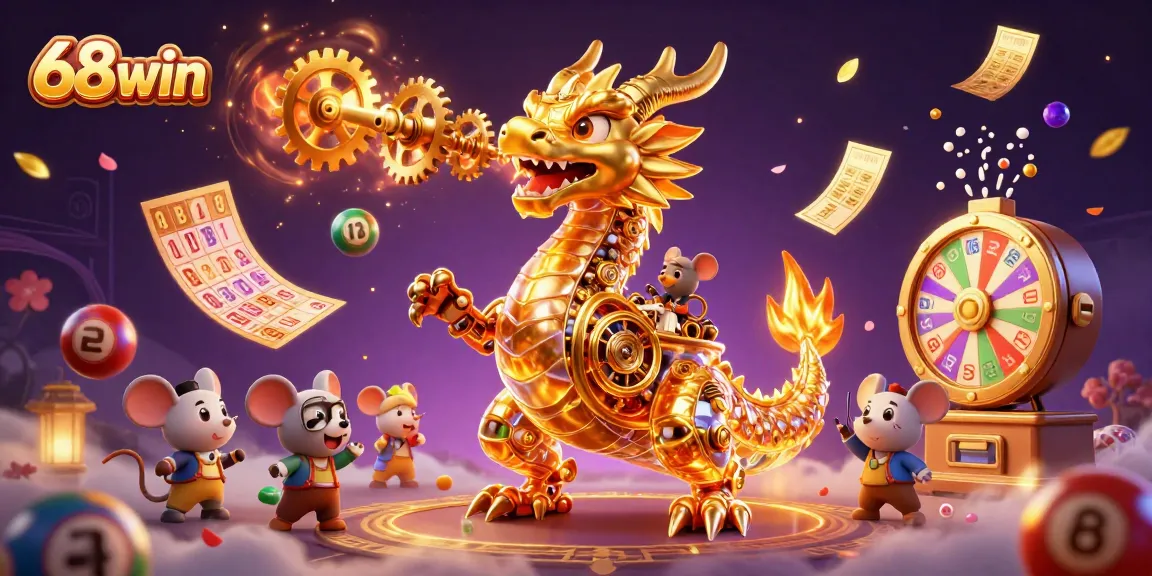 Experience thrilling gaming with 68win's mechanical dragon breathing gold in a vibrant casino scene.