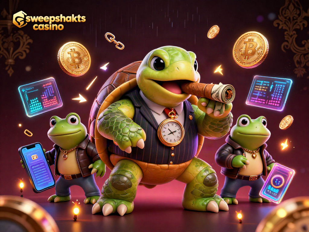Experience excitement at the sweepstakes casino with a snapping turtle mobster and his bullfrog enforcers!
