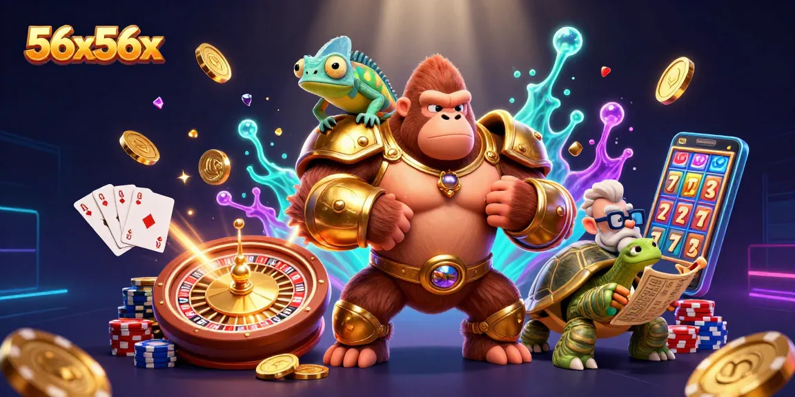 Engage with 56x56x, featuring a gorilla king and friends surrounded by golden coins and vibrant casino elements.