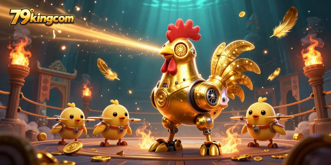 Experience the thrill with 79kingcom, showcasing a vibrant 3D casino scene with golden rooster robots and dynamic game elements.