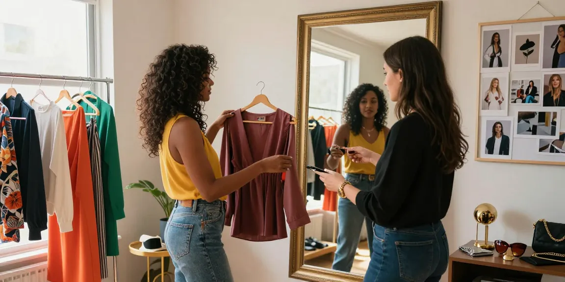 Consulenza d'immagine con professionista in ambiente accogliente, analizzando stile e outfit.