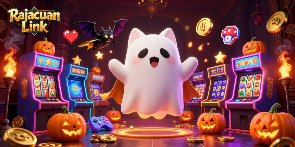 Menghadirkan Rajacuan Link, kucing hantu bermain di kasino dengan mesin slot penuh simbol buah yang bersinar.