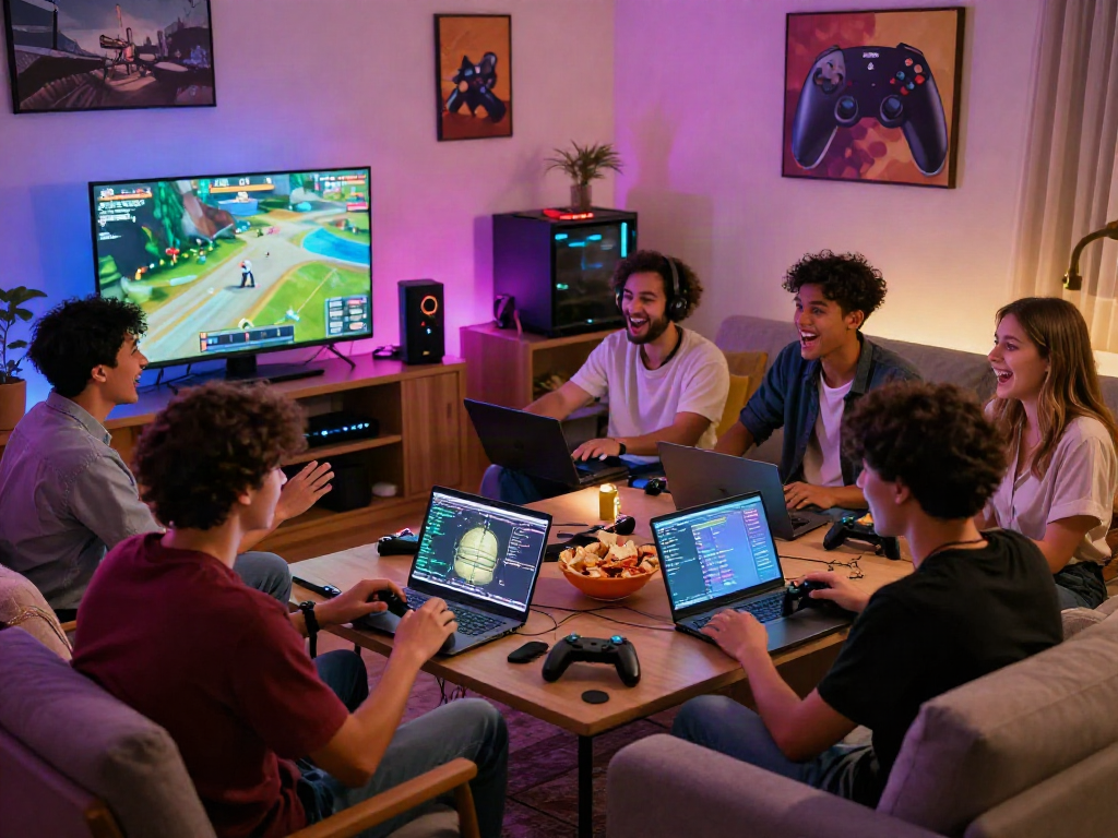 Friends enjoying porngames together in a cozy setting with gaming consoles and snacks.