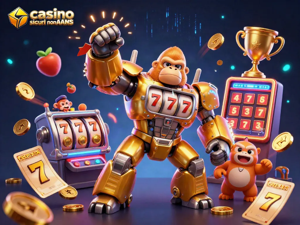 Gioca nei casino sicuri non AAMS con il gorilla mech d'oro e simboli di slot in un'atmosfera avvincente.