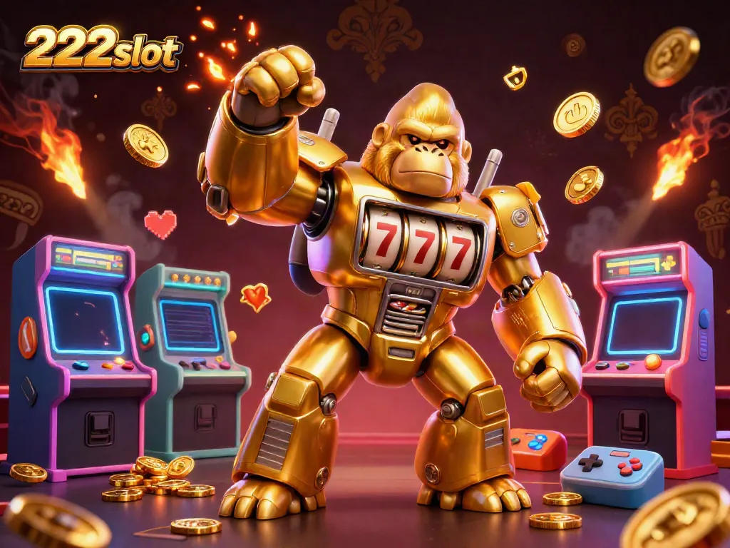 Memainkan 222slot dengan gorila emas mecha dan mesin slot, siap meluncurkan koin.