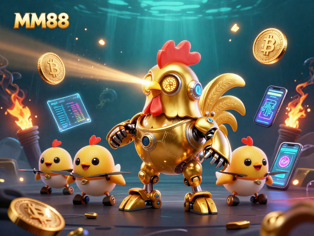 Experience the thrill of MM88 with golden rooster robot, crypto coins, and vibrant gaming elements.