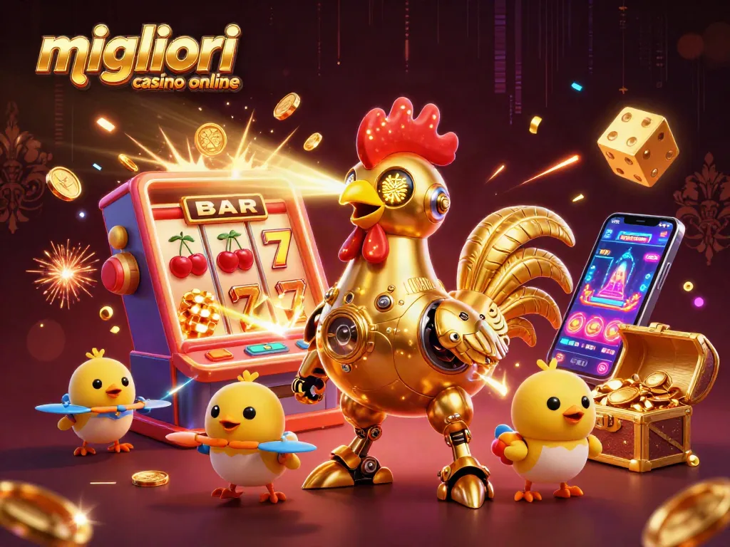 I migliori casino online offrono emozioni uniche, rappresentati da un robot gallo futuristico e droni, nel gioco d'azzardo