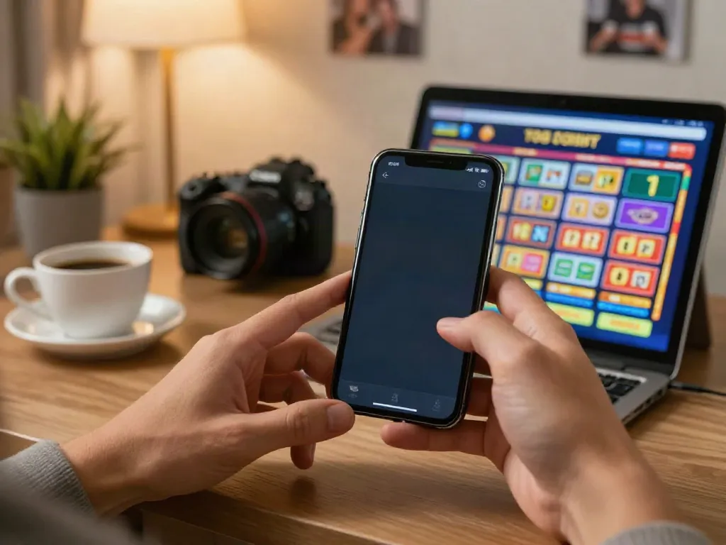 User accessing a togel online platform on a smartphone in a cozy gaming setup.