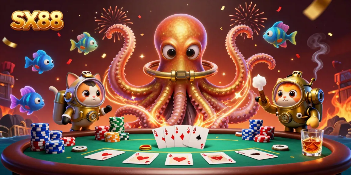 SX88 showcases a colossal kraken and a diving cat amidst a vibrant casino scene featuring poker elements.