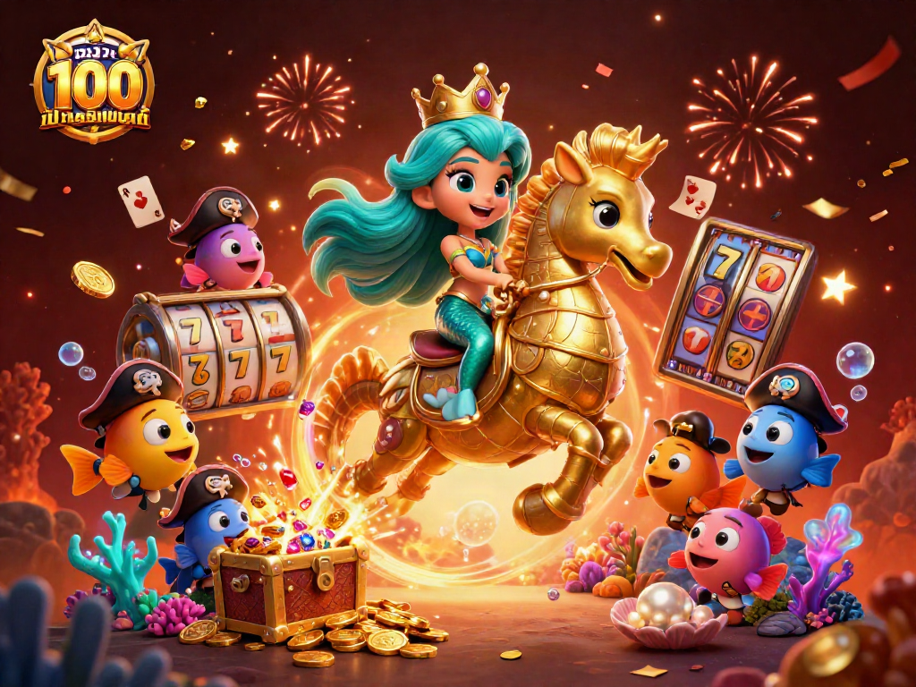 Engage in เว็บสล็อต แท้ 100 เปอร์เซ็นต์ with dynamic characters, slots, and colorful treasures in this vibrant illustration.
