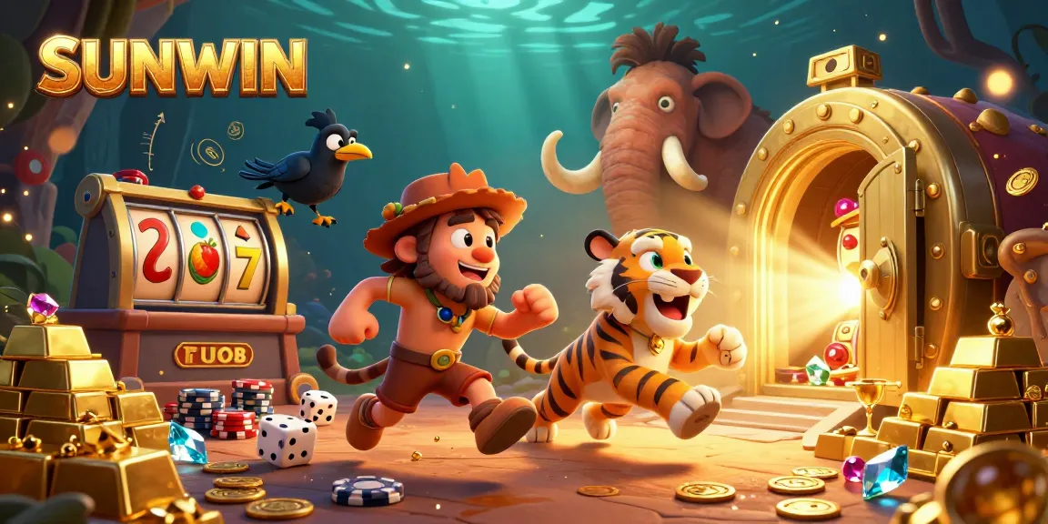 SUNWIN promotes thrilling gaming with a dynamic prehistoric casino scene and slot elements.