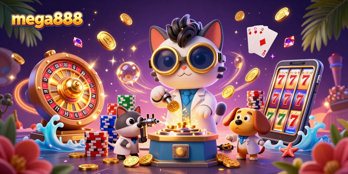 Experience mega888's dynamic casino elements with mad scientist cat and loyal dog creating gold-coin magic.