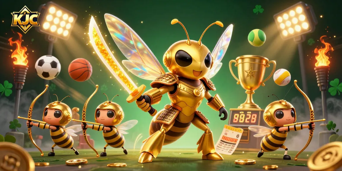 Engage in thrilling gaming at KJC with a dynamic illustration of golden hornets and sports elements.