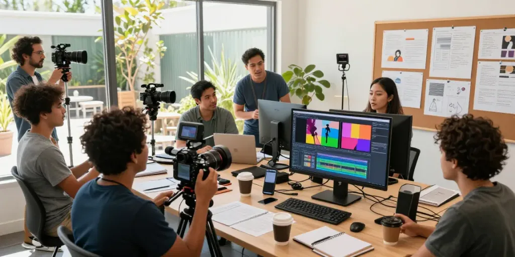 Creative team working on social media video production Orange County, California in a bright studio.