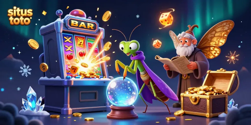 Engage with situs toto through a vibrant 3D casino-themed illustration filled with fortune tellers and slot machines.