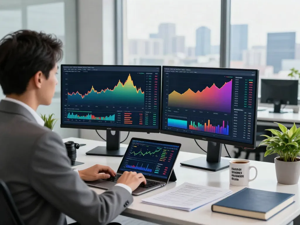 Financial analyst examining stock data on dual monitors at FintechZoom.com.