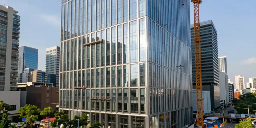 Installation team working on a sleek Currain wall system on a high-rise building, showcasing modern architecture.