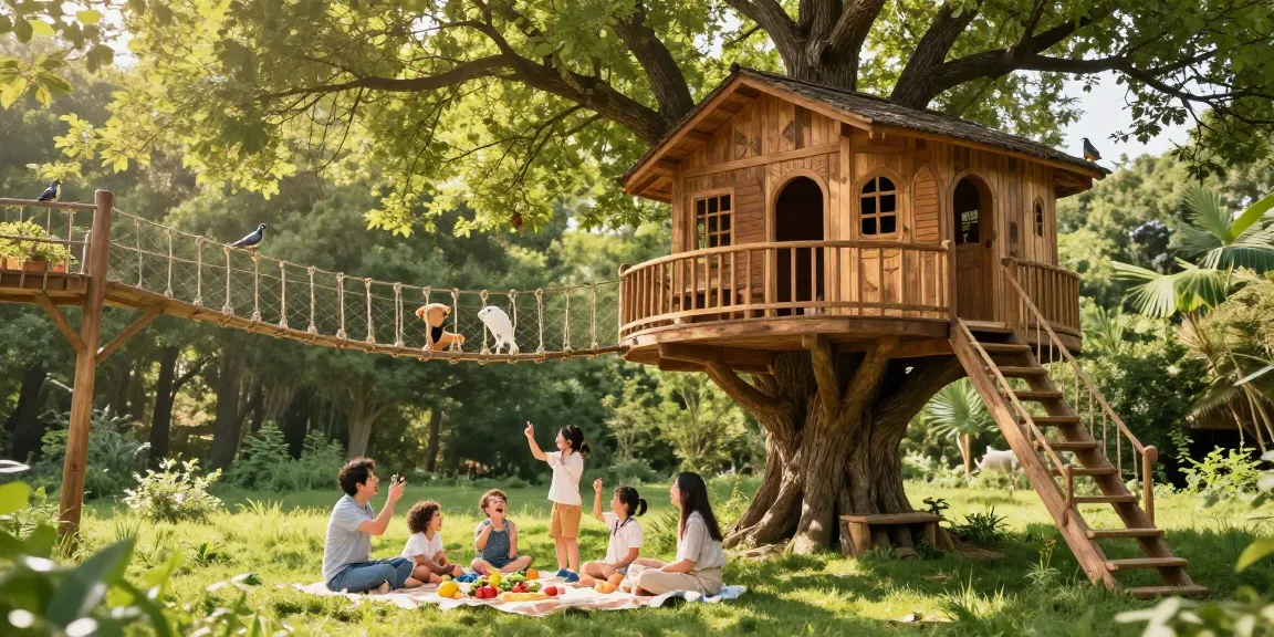 Tree house life in a verdant forest with family enjoying outdoor activities and playing near a stunning treehouse.