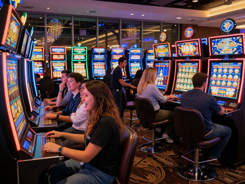 Players engaging with slot gacor machines in a vibrant casino environment, showcasing excitement and community.