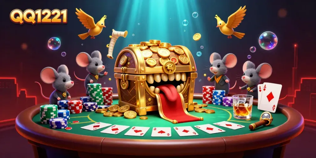 Engage with QQ1221 at this vibrant 3D casino illustration showcasing adventure and riches.