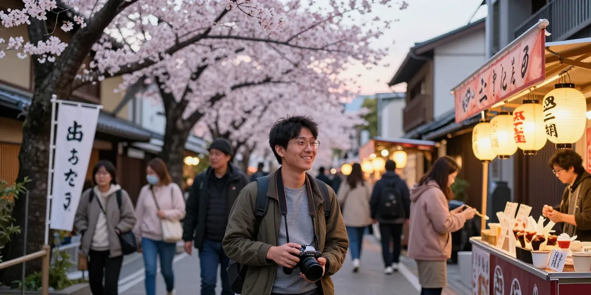 NAGA2000 traveler enjoying Tokyo's cherry blossoms while savoring local street food.