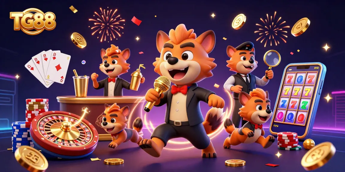 Experience the fun at TG88's vibrant comedy casino with hyena characters hosting, mixing, and checking IDs.