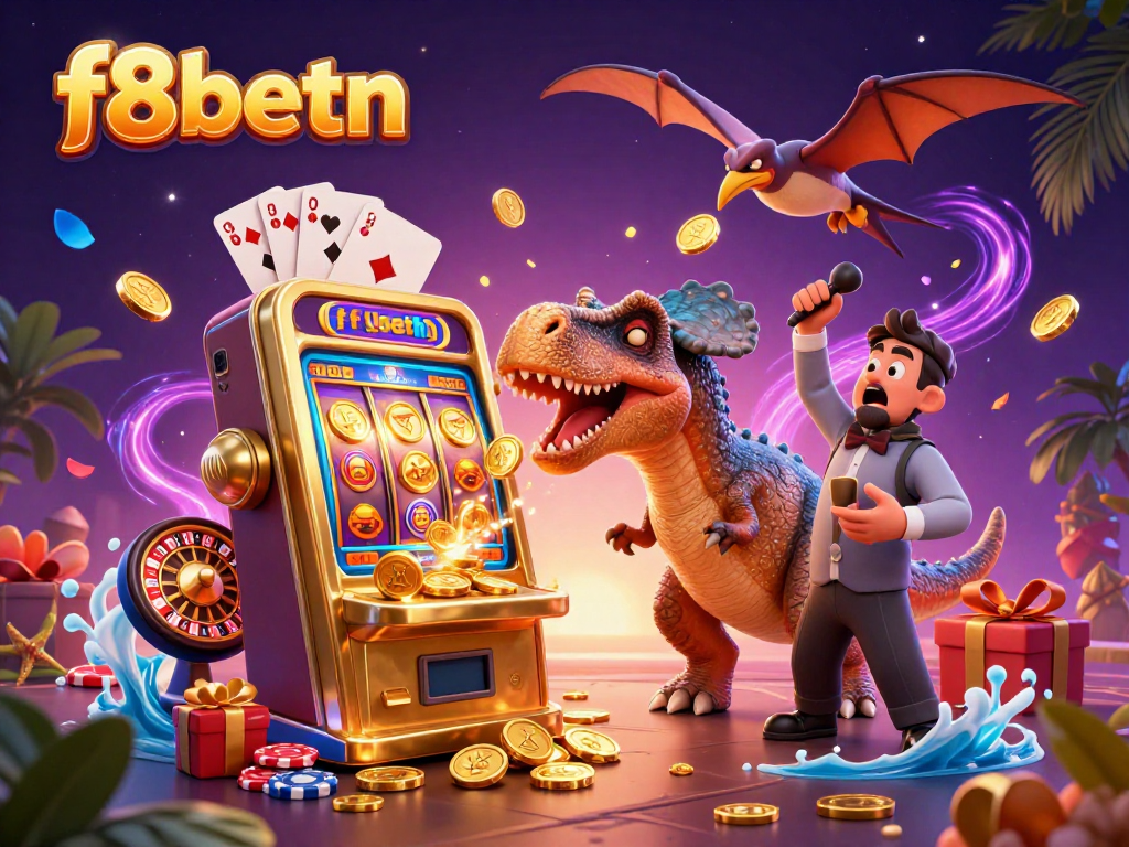 Spin to win with f8betn as a dinosaur hits a jackpot, catching coins in a roaring casino!