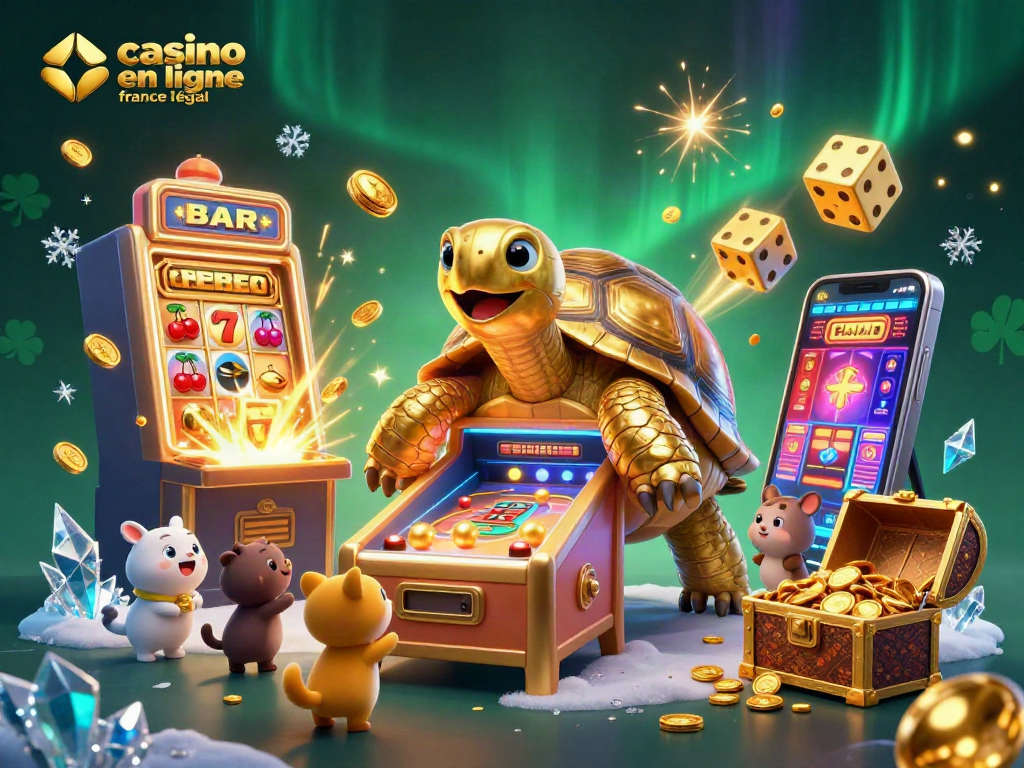 Jouez sur un casino en ligne légal en France avec une tortue dorée pinball sous un ciel auroral.
