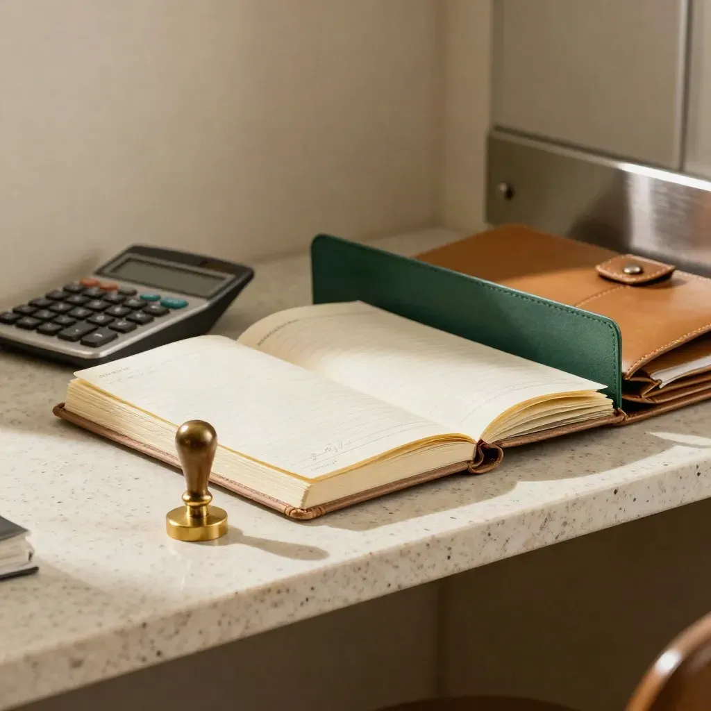 Ledger notebook, calculator, file wallet, and brass stamp on a travertine shelf in soft window light.
