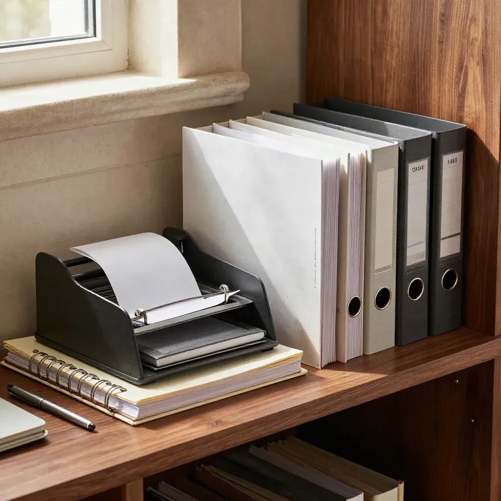 Bookkeeping shelf with binder rings, receipt sorter, tablet and archive dividers.