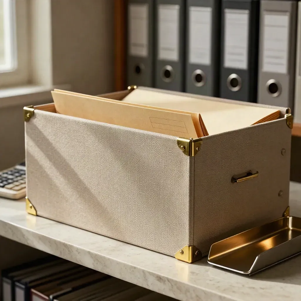 Business filing folders, archive box, calculator, and metal tray in warm office light.