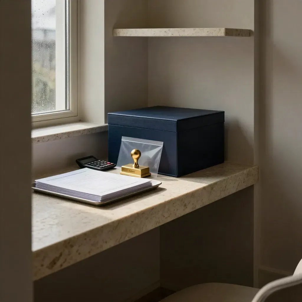 Limestone tax alcove with filing tools, sealed return packet, and a warm shaft of light