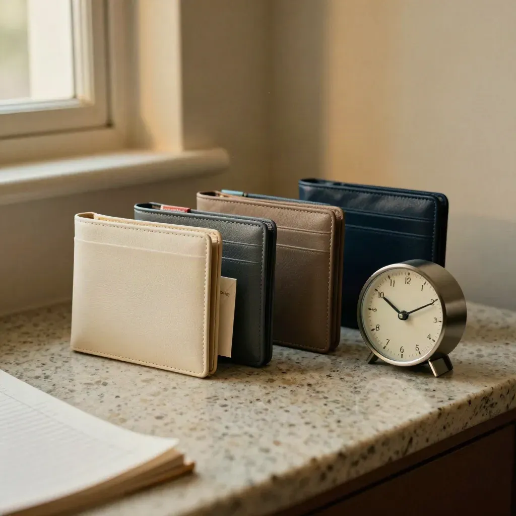 Four tax file wallets and a desk timer on a travertine counter in warm evening light.