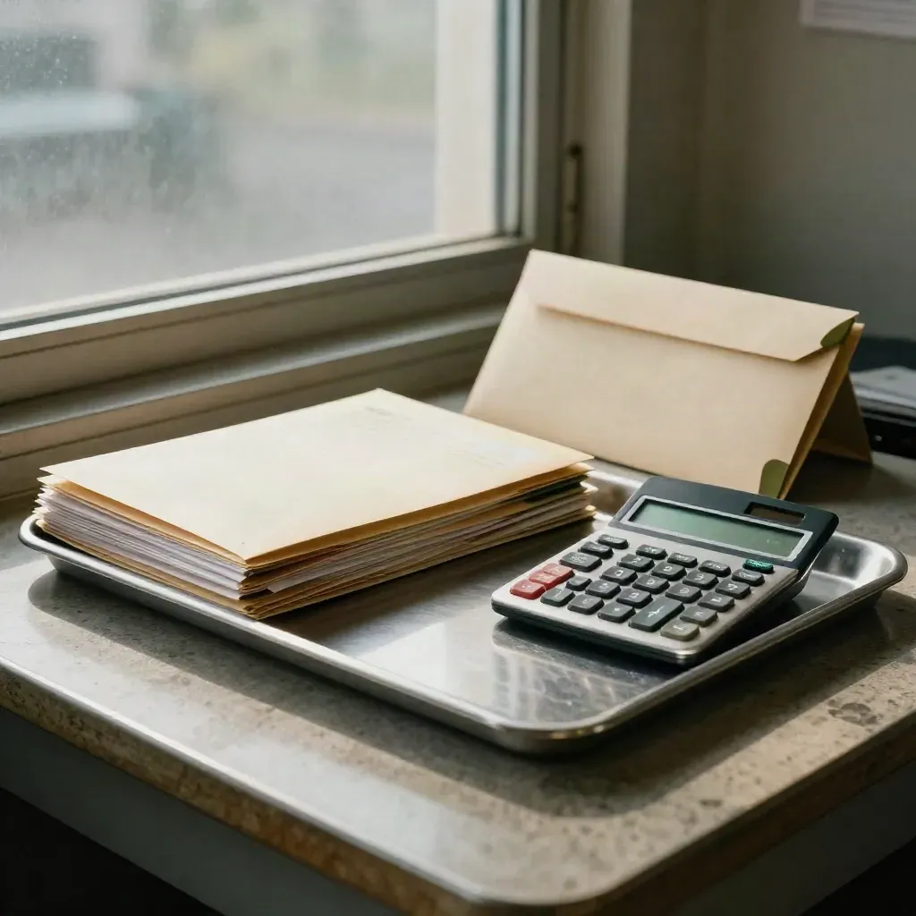 Payroll tax help station with notice envelope, calculator, file wallet, and steel tray in a moody back office