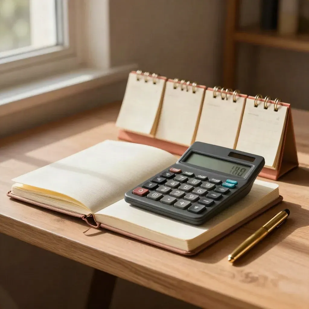 Closed notebook, calculator, calendar blocks and brass pen on a terracotta shelf in warm morning light.