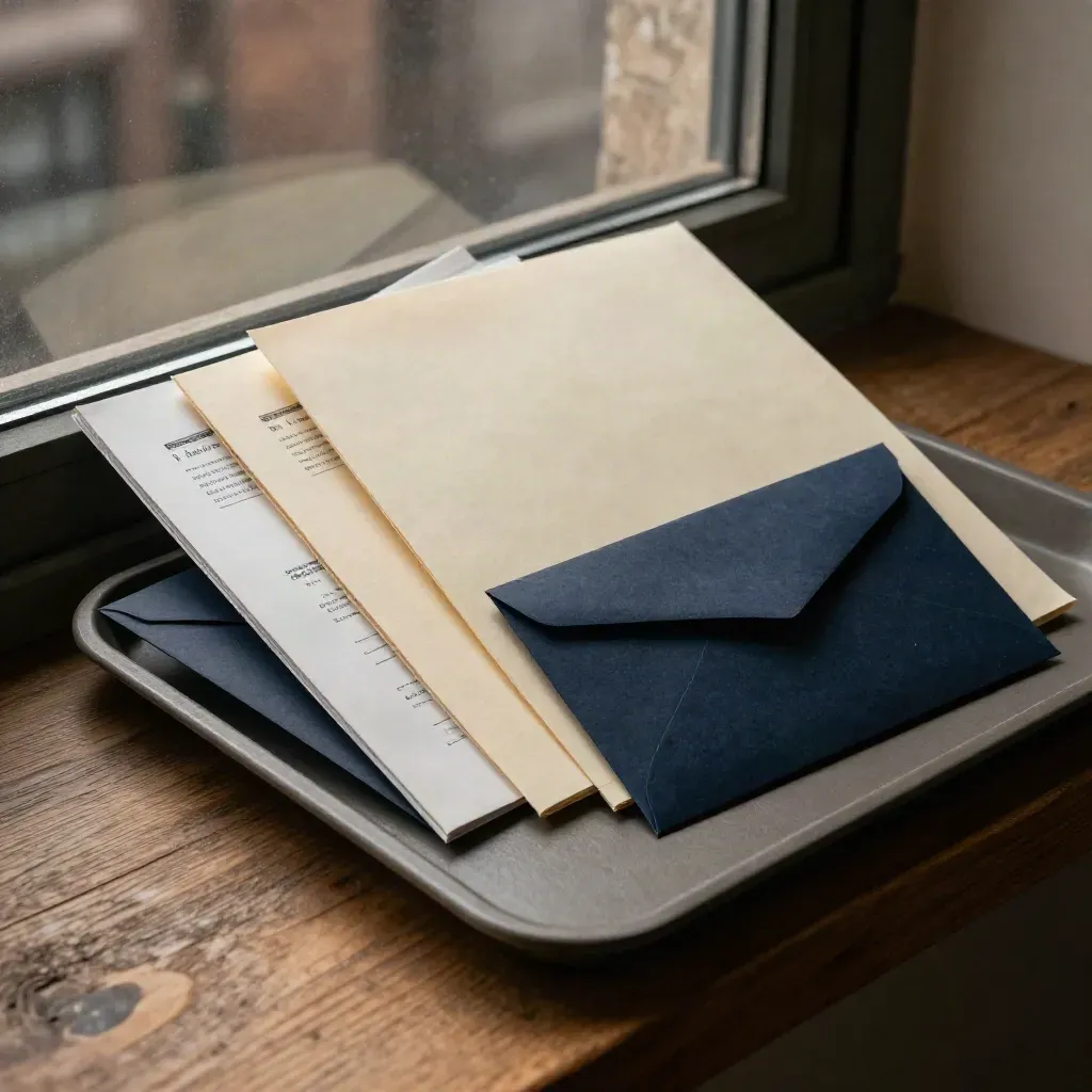 Tax file sleeves and a sealed courier tray on a studio windowsill at night